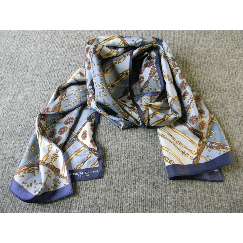 Adrienne Landau Studio 100% Silk Equestrian Scarf Blue Gold Horse Bit 11x52